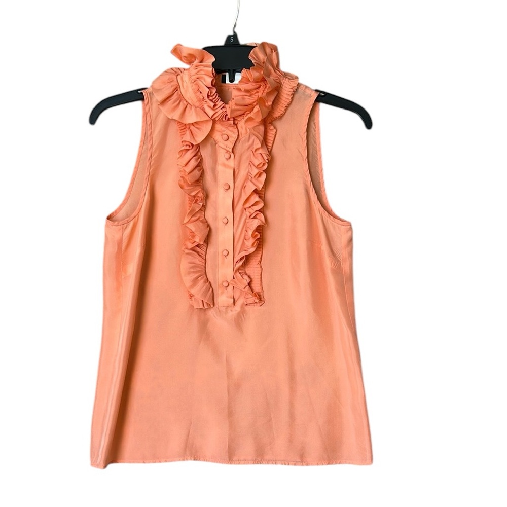 J. Crew Silk Peach Orange Ruffled Sleeveless Blouse Buttons w/ Bib Collar 0
